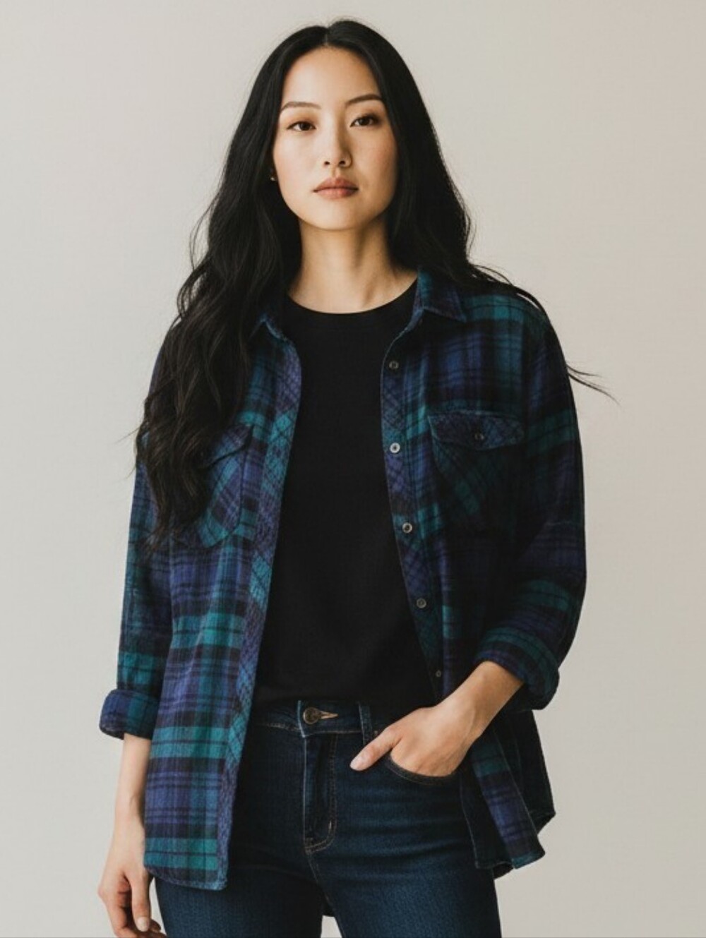 Abercrombie & Fitch Green and Navy Plaid Button-Down Shirt